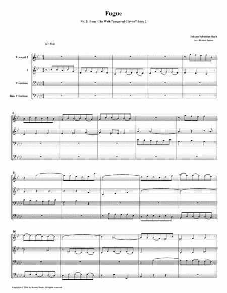 Fugue 21 From Well Tempered Clavier Book 2 Brass Quartet Sheet Music