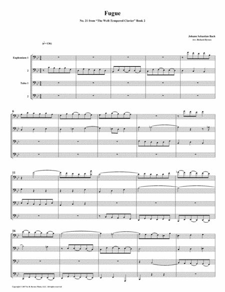 Free Sheet Music Fugue 21 From Well Tempered Clavier Book 2 Euphonium Tuba Quartet