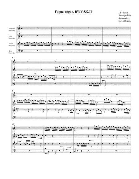 Fugue For Organ Bwv 532 Ii Arrangement For 4 Recorders Sheet Music