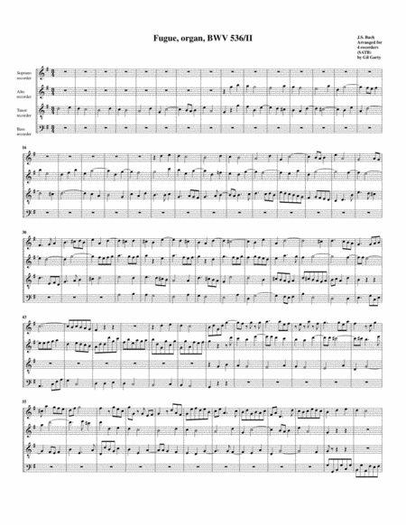 Fugue For Organ Bwv 536 Ii Arrangement For 4 Recorders Sheet Music