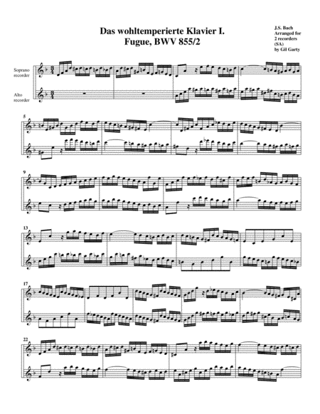 Free Sheet Music Fugue From Das Wohltemperierte Klavier I Bwv 855 Ii Arrangement For 2 Recorders