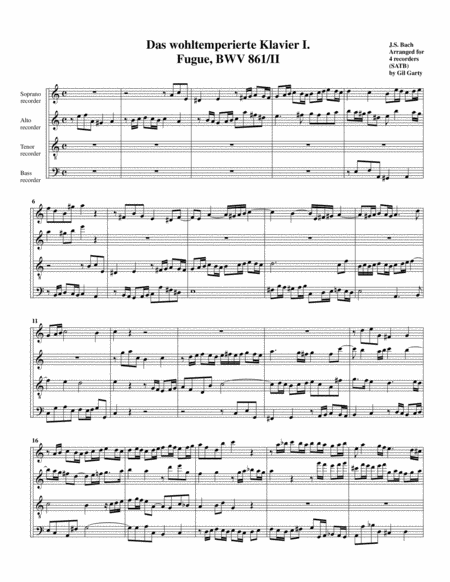 Free Sheet Music Fugue From Das Wohltemperierte Klavier I Bwv 861 Ii Arrangement For 4 Recorders