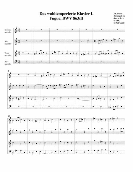 Fugue From Das Wohltemperierte Klavier I Bwv 863 Ii Arrangement For 4 Recorders Sheet Music