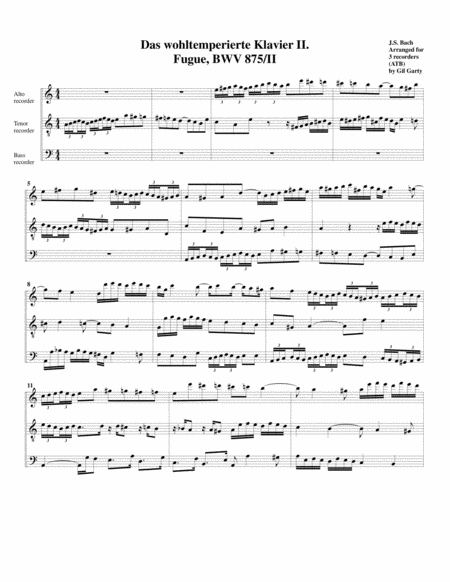 Free Sheet Music Fugue From Das Wohltemperierte Klavier Ii Bwv 875 Ii Arrangement For 3 Recorders