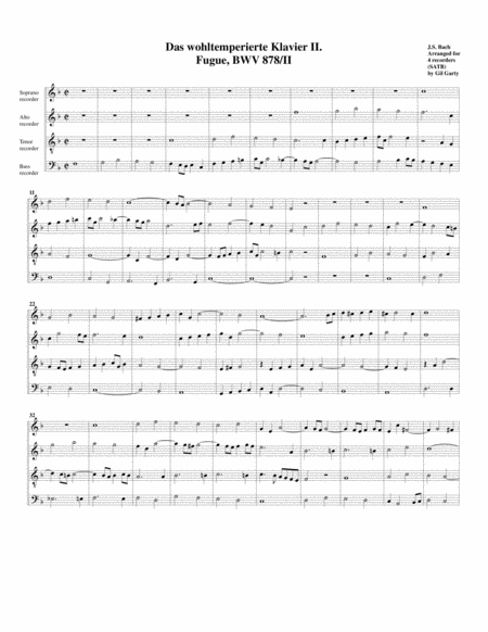 Fugue From Das Wohltemperierte Klavier Ii Bwv 878 Ii Arrangement For 4 Recorders Sheet Music