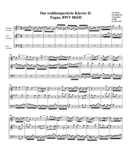 Fugue From Das Wohltemperierte Klavier Ii Bwv 884 Ii Arrangement For 3 Recorders Sheet Music