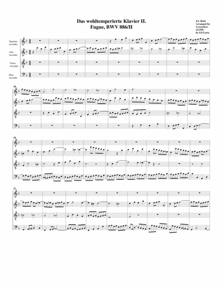 Fugue From Das Wohltemperierte Klavier Ii Bwv 886 Ii Arrangement For 4 Recorders Sheet Music