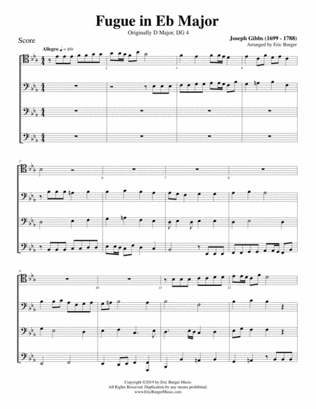 Free Sheet Music Fugue In Eb Major For Trombone Or Low Brass Quartet