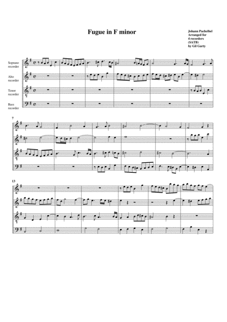 Fugue In F Minor Arrangement For 4 Recorders Sheet Music