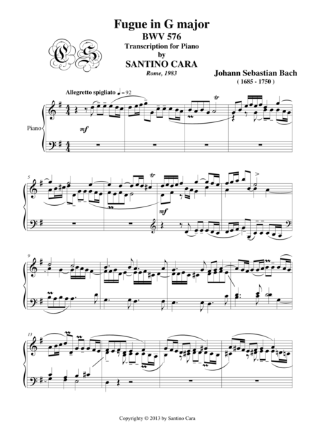 Free Sheet Music Fugue In G Major For Piano Bwv 576 By Js Bach