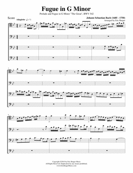 Fugue In G Minor The Great For Trombone Or Low Brass Quartet Sheet Music