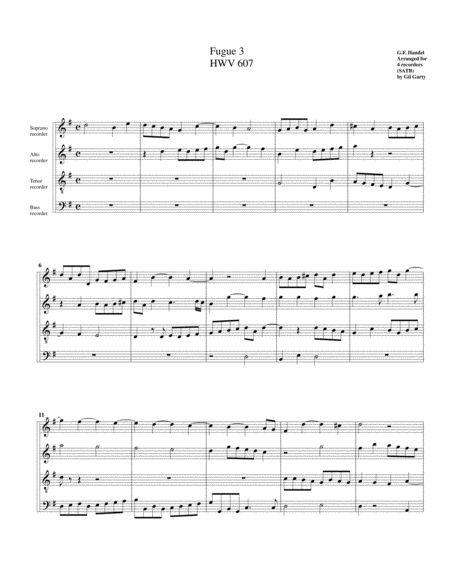 Fugue No 3 Hwv 607 Arrangement For 4 Recorders Sheet Music