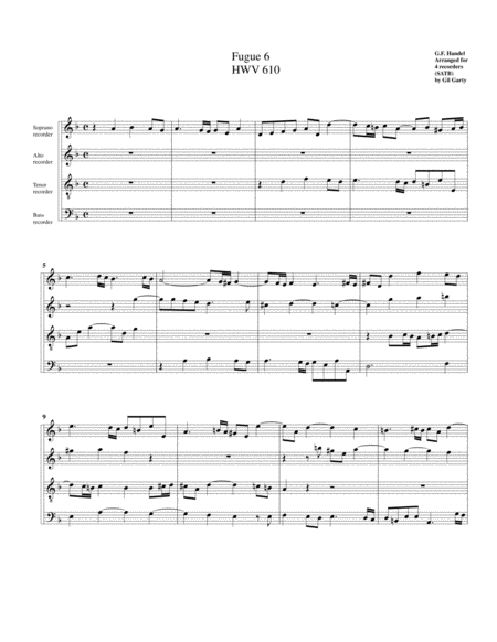 Fugue No 6 Hwv 610 Arrangement For 4 Recorders Sheet Music