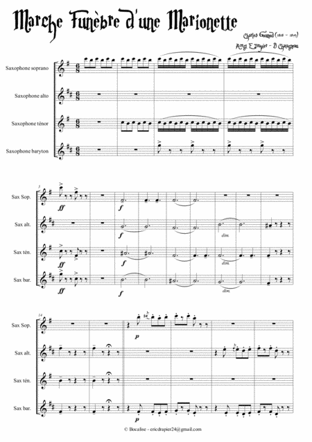 Free Sheet Music Funeral March Of A Marionette Ch Gounod For Sax Quartet Satb