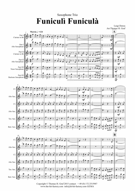 Funiculi Funicula Italian Evergreen Saxophone Trio Sheet Music