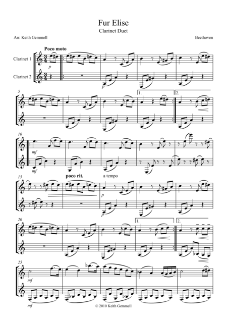 Fur Elise Clarinet Duet Sheet Music