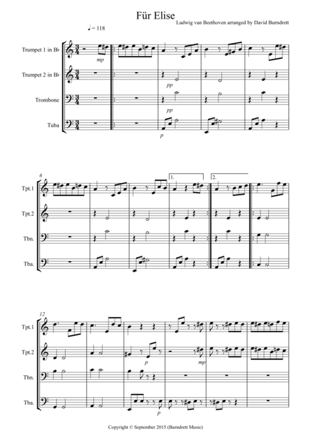 Fur Elise For Brass Quartet Sheet Music