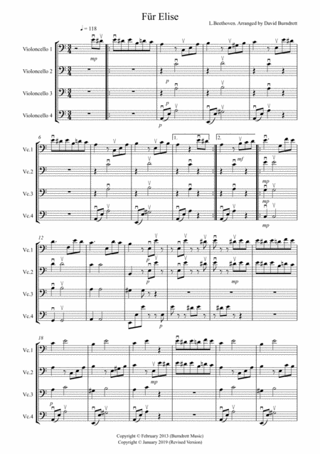 Free Sheet Music Fur Elise For Cello Quartet