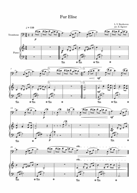 Free Sheet Music Fur Elise Ludwig Van Beethoven For Trombone Piano