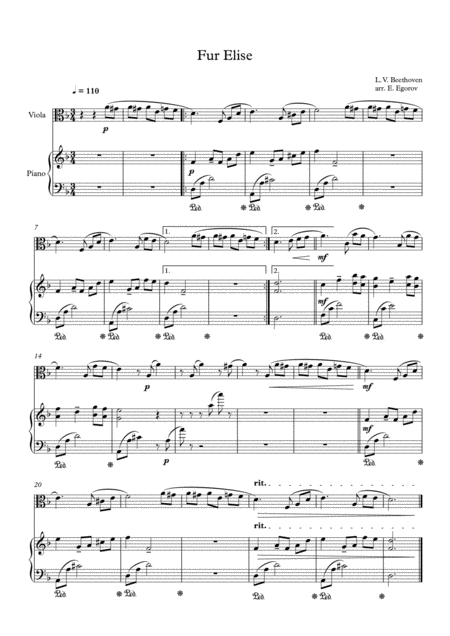 Fur Elise Ludwig Van Beethoven For Viola Piano Sheet Music