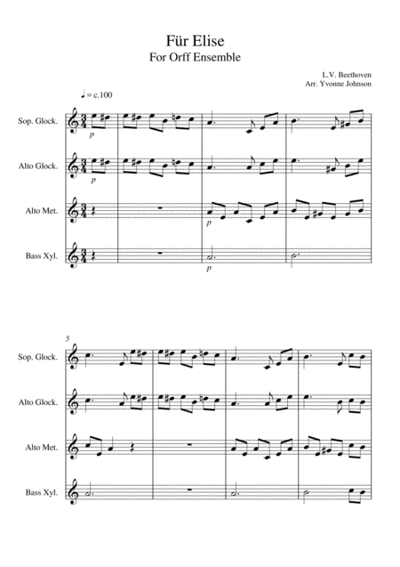 Free Sheet Music Fur Elise Main Theme For Orff Ensemble