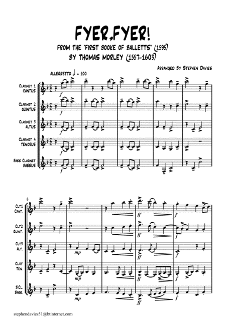 Fyre Fyre By Thomas Morley 1557 1603 For Clarinet Quintet Sheet Music