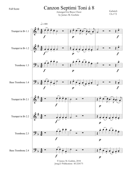 Gabrieli Canzon Septimi Toni Ch 172 For Brass Choir Sheet Music