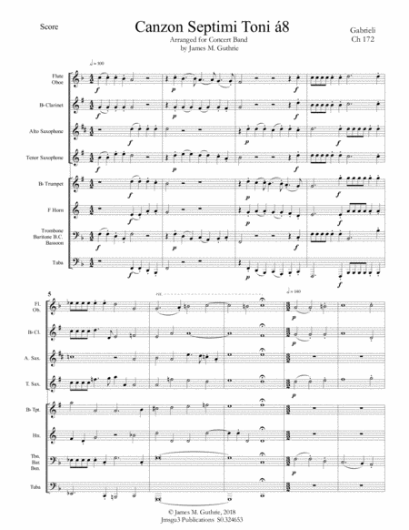 Gabrieli Canzon Septimi Toni Ch 172 For Concert Band Sheet Music