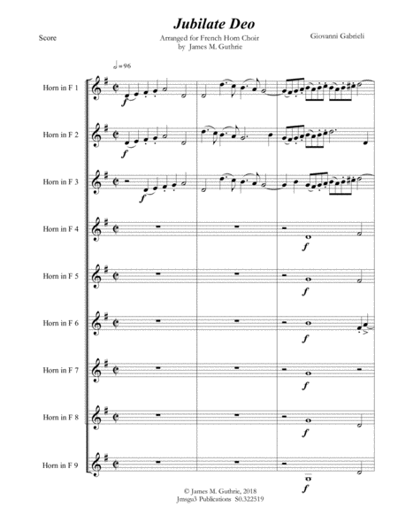 Free Sheet Music Gabrieli Jubilate Deo Ch 136 For French Horn Choir