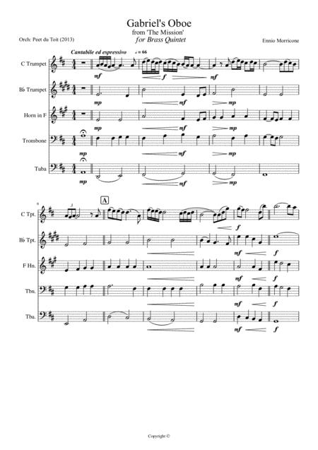 Free Sheet Music Gabriels Oboe From The Mission Ennio Morricone Brass Quintet