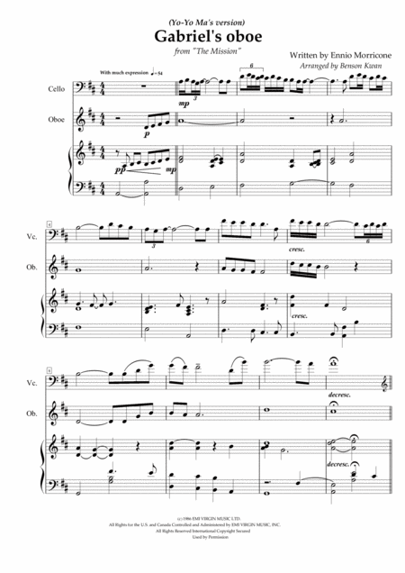 Gabriels Oboe From The Mission Yo Yo Mas Version Arranged For Cello Oboe With Piano Accompaniment Sheet Music