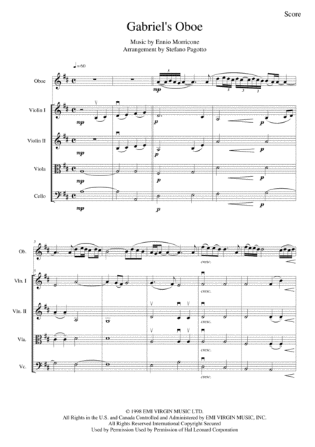 Free Sheet Music Gabriels Oboe Nella Fantasia From The Mission Soundtrack