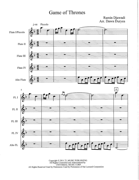 Game Of Thrones For Flute Quartet And Alto Flute Sheet Music