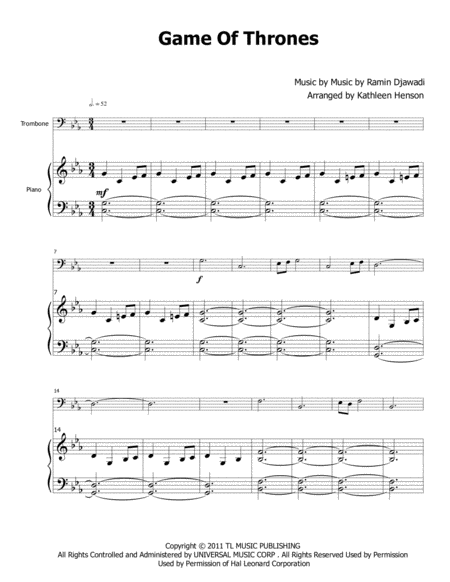 Game Of Thrones For Solo Trombone Sheet Music