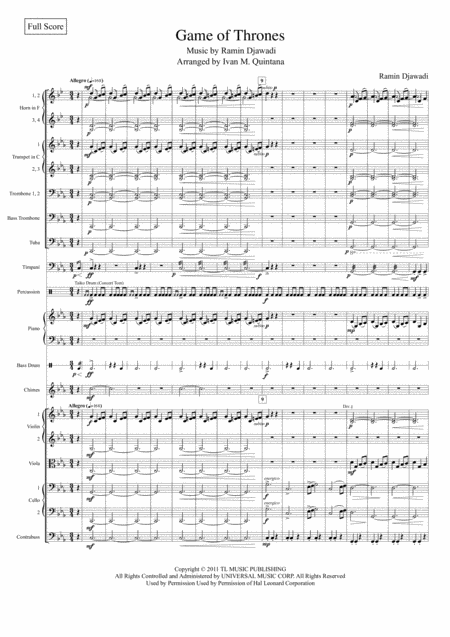 Free Sheet Music Game Of Thrones Main Theme String Orchestra Brass Ensemble Percussion