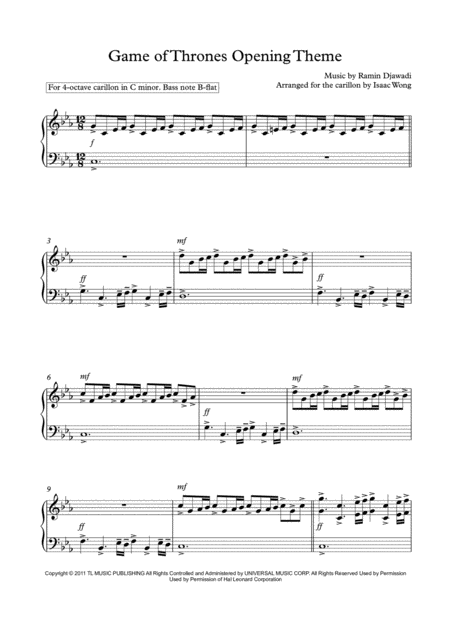 Free Sheet Music Game Of Thrones Opening Theme Arranged For The Carillon C Minor