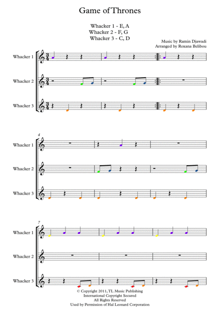 Free Sheet Music Game Of Thrones Theme For 8 Notes Diatonic Boomwhackers