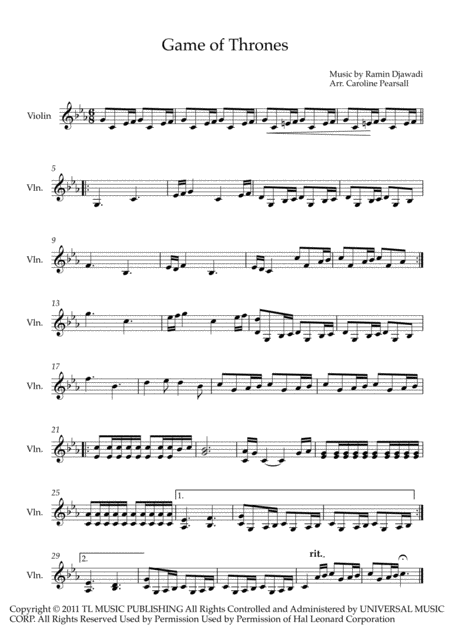 Game Of Thrones Violin Solo Sheet Music