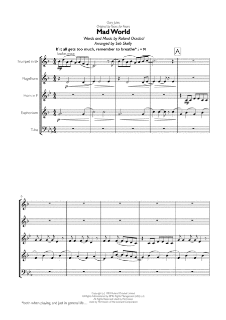 Gary Jules Mad World For Brass Quintet Sheet Music