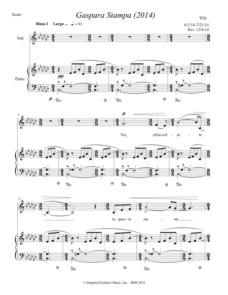 Gaspara Stampa 2014 For Soprano And Piano Sheet Music