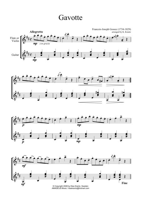 Free Sheet Music Gavotte For Violin Or Flute And Guitar