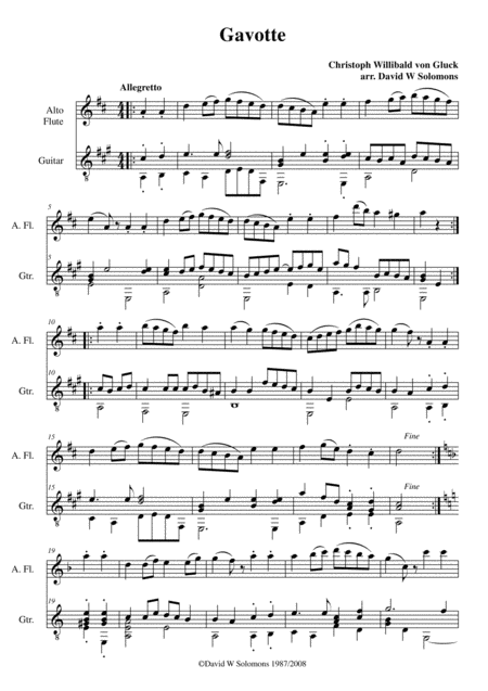 Free Sheet Music Gavotte In A Major For Alto Flute And Guitar