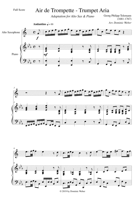 Georg Philipp Telemann Air De Trompette Trumpet Aria For Alto Saxophone Piano Sheet Music