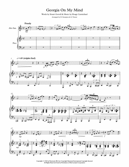 Georgia On My Mind For Alto Sax Solo With Piano Accompaniment Ray Charles Hoagy Carmichael Sheet Music