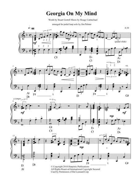 Georgia On My Mind For Pedal Harp Solo Sheet Music