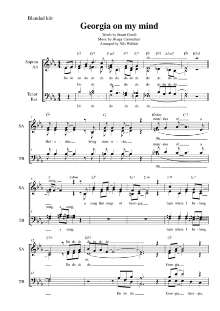 Free Sheet Music Georgia On My Mind Gorell Carmichael Arr Nils Wallns