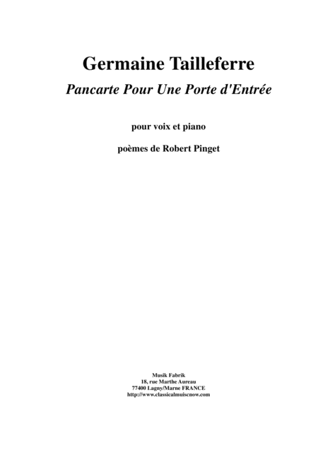 Free Sheet Music Germaine Tailleferre Pancarte Pour Une Porte D Entre For Medium Voice And Piano