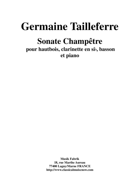 Germaine Tailleferre Sonate Champtre For Oboe Clarinet Bassoon And Piano Sheet Music