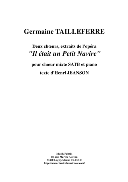 Free Sheet Music Germaine Tailleferre Two Choruses From Il Tait Un Petit Navire For Satb Chorus And Piano