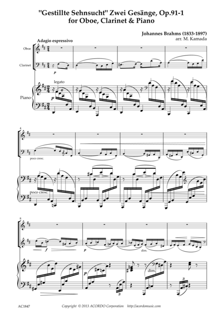 Gestillte Sehnsucht Zwei Gesnge Op 91 1 For Oboe Clarinet Piano Sheet Music